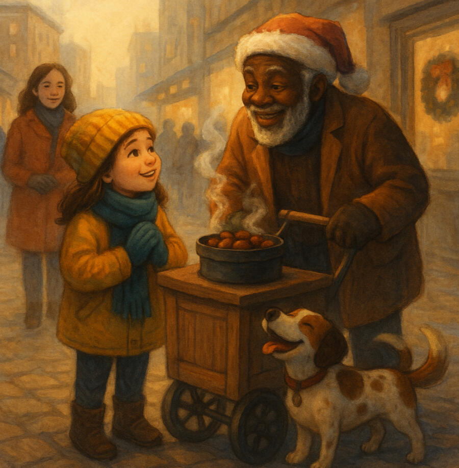 Waggy & the Gift of Christmas, Written by Pemba Umoja, Chapter 2 A heartwarming traditional illustration showing Papa Giuseppe arriving at a street corner with his chestnut cart and Waggy by his side. Nancy, bundled in winter clothes, looks up with wide eyes as she reaches to pet Waggy. Snow gently falls around them, an
