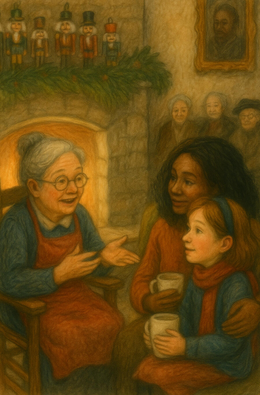 Waggy & the Gift of Christmas – Chapter 7, Written by Pemba Umoja A warm, nostalgic illustration of Nancy and her mom sitting near a grand stone fireplace inside a cozy nursing home. A kind woman with rosy cheeks and a red apron offers them mugs of hot chocolate. Behind them, elderly residents rest on sofas, and the mant