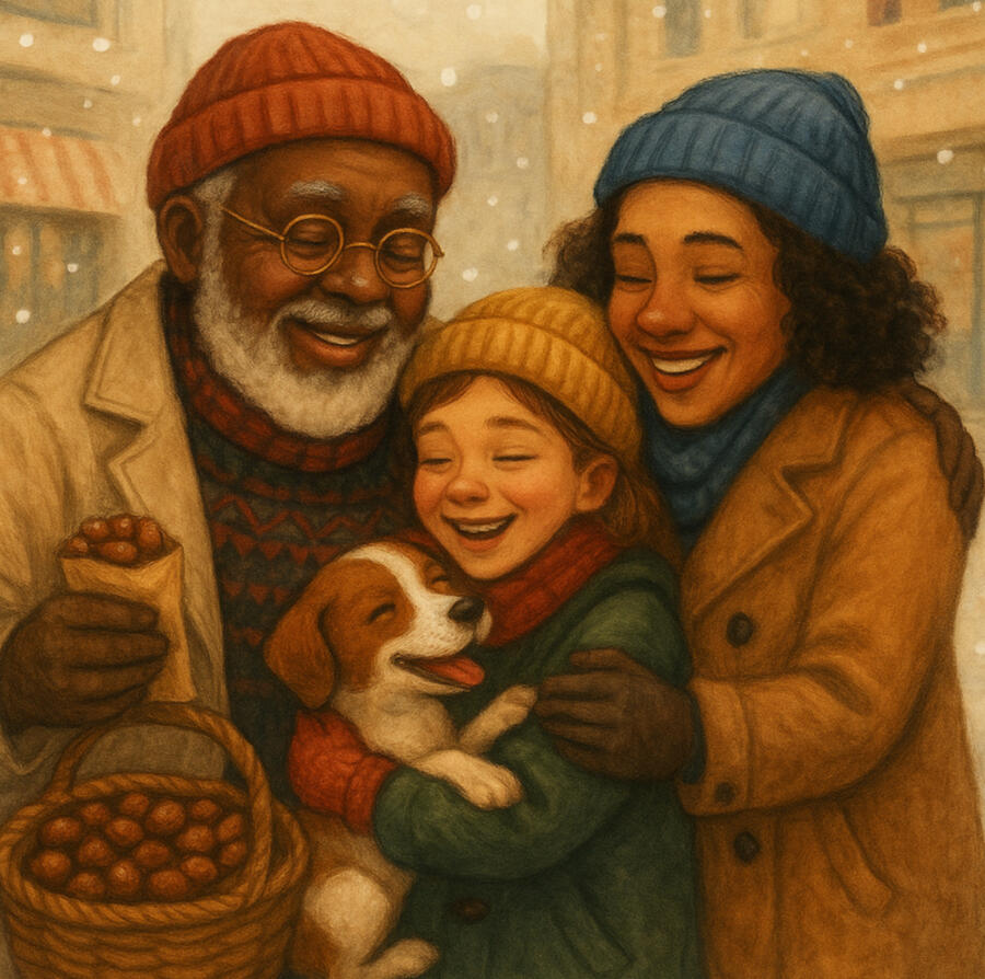 Waggy & the Gift of Christmas – Chapter 10, Written by Pemba Umoja A heartwarming New Year’s Day scene on a snowy city corner. Papa Giuseppe, bundled warmly, smiles joyfully as Nancy runs into his arms, hugging him tightly. Waggy jumps up beside them, tail wagging in excitement. A basket of chestnuts sits on the cart besi